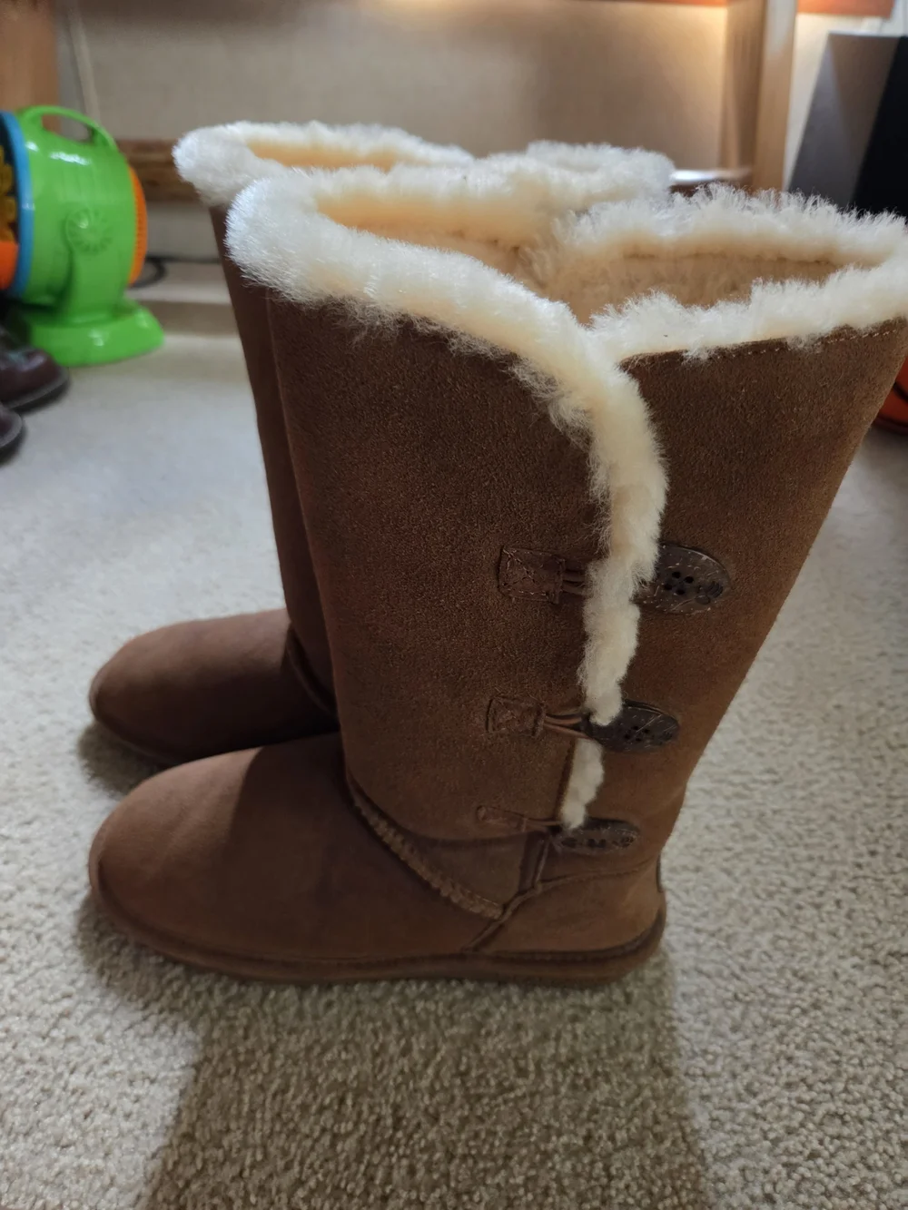 BearPaw Tall Shearling-Lined Suede Boots in Brown with Cream Fur